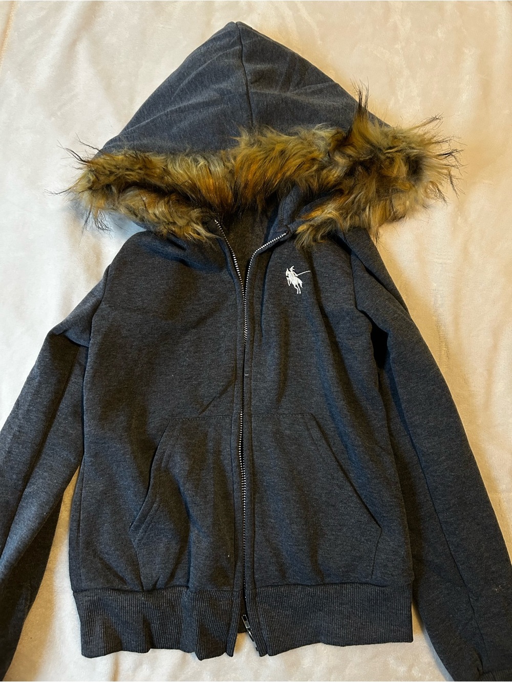 Polo by Ralph Lauren Women’s Dark Gray Hooded Zip Sweatshirt with Faux Fur Trim